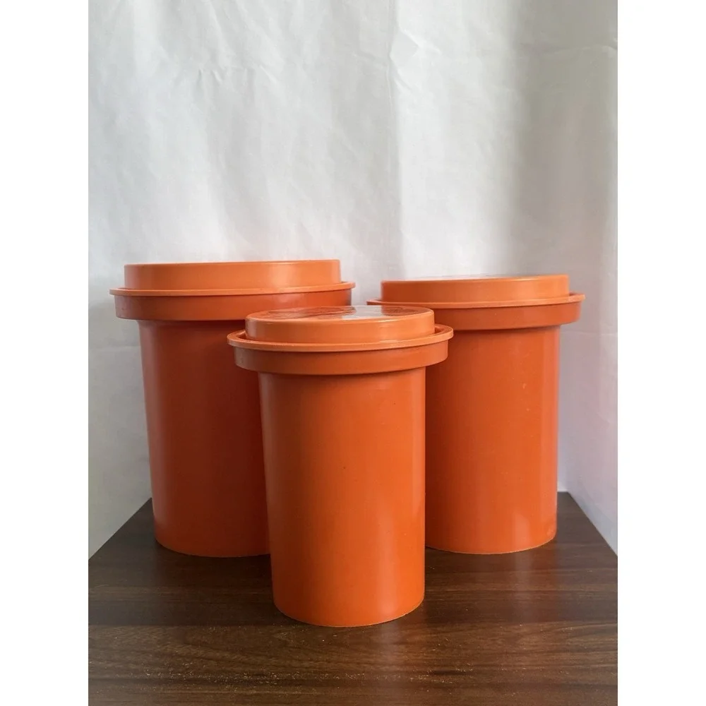 Vintage Retro Rubbermaid Orange Flower power nesting Canister Set 3pc with Lids